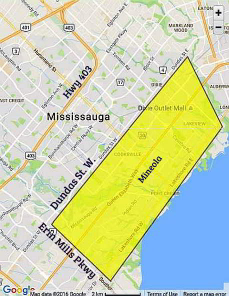Mineola Landscaping's Service Area In Yellow Showing a map of Mineola Landscaping's service area colored in yellow in Mississauga south for their customers