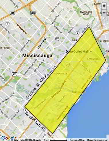 Mineola Landscaping's service area in Mississauga South Showing a map of Mineola Landscaping's service area colored in yellow in Mississauga south for their customers